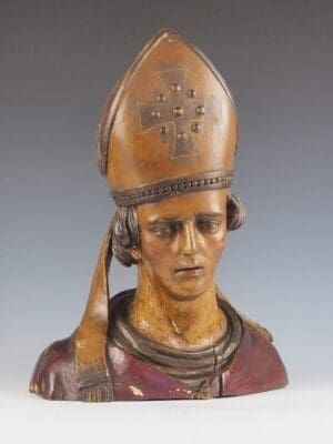 18th Century Polychrome Carved Head of a Bishop