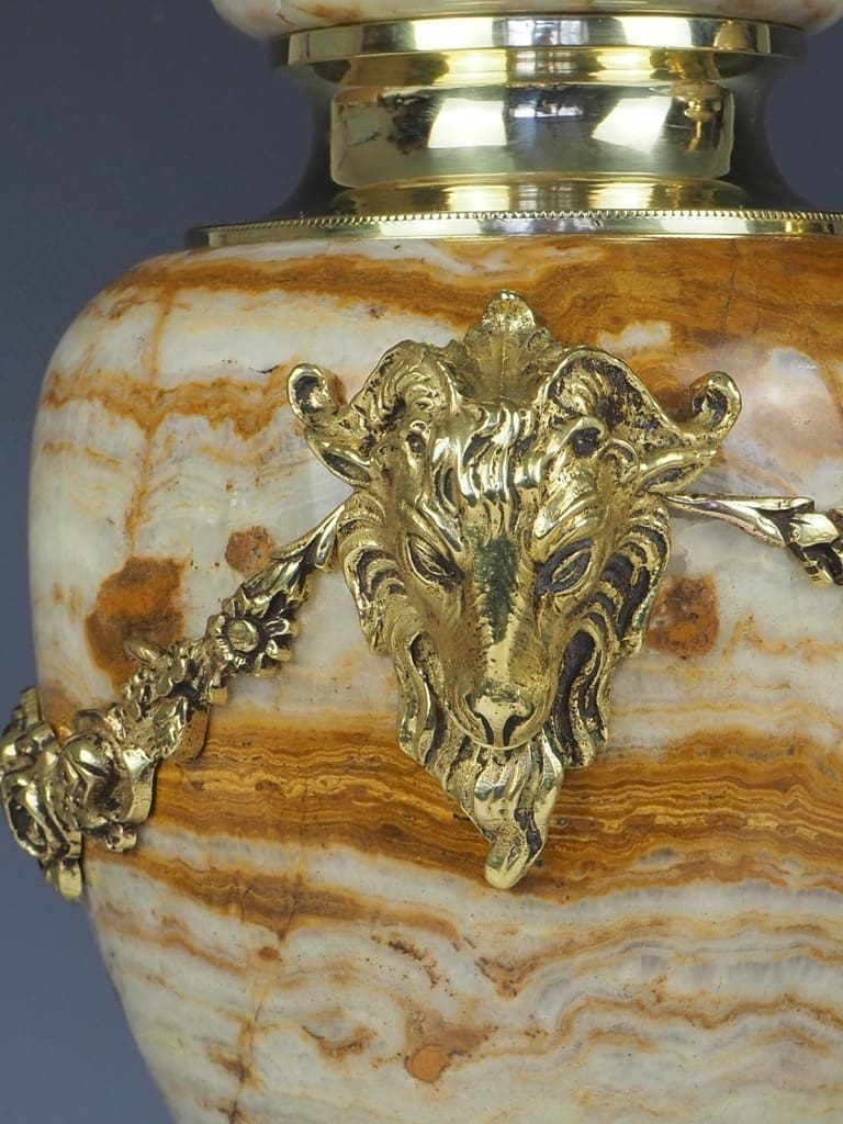 Antique Pair of French Ormolu Cassolette Marble Table Lamps