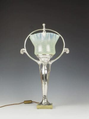 Art Nouveau Silver Plate Table Lamp with Vaseline Shade Signed M.C