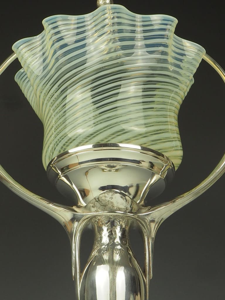 Art Nouveau Silver Plate Table Lamp with Vaseline Shade Signed M.C