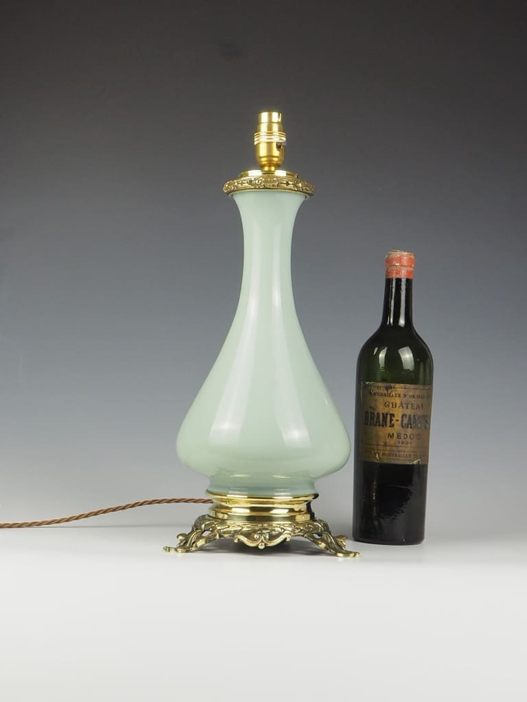 Antique French Opaline Celadon and Bronze Table Lamp