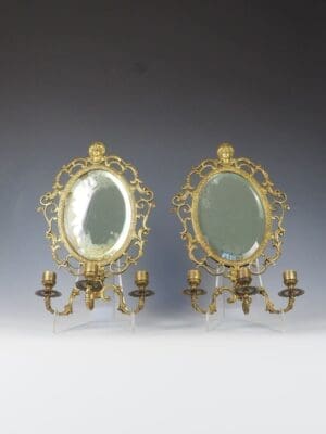 Antique Candle Sconces - Antique Pair of Bronze Wall Sconce Mirrors