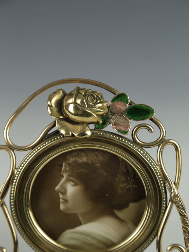 Antique Art Nouveau Brass Photo Frame with Rose and Enamel Design