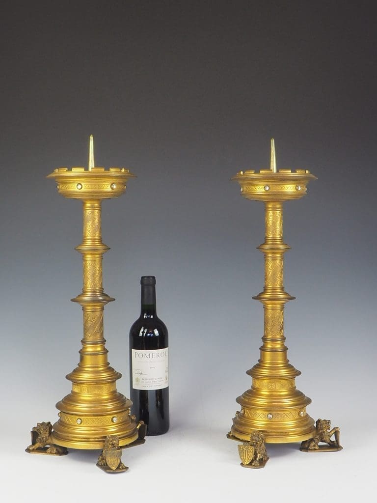 Pair of Large Gilt Bronze Gothic Revival Lion Church Candleholders