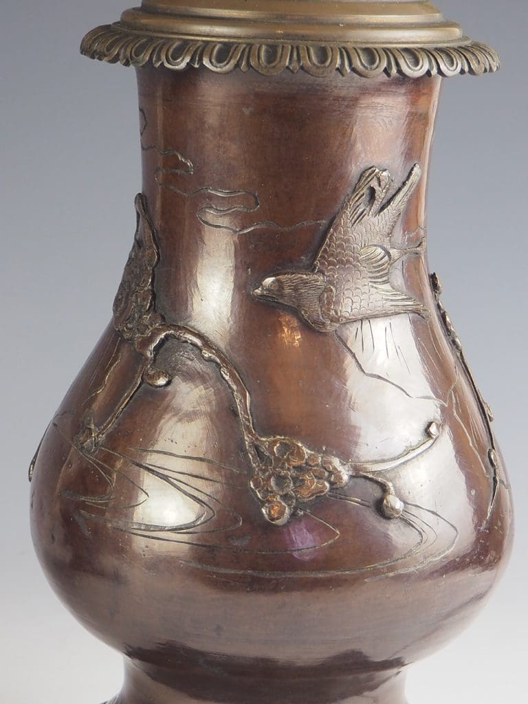 A Pair of Japanese Bronze Dragon Chasing the Bird Table Lamps