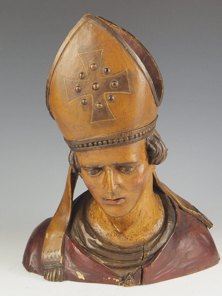 18th Century Polychrome Carved Head of a Bishop 18th Century Polychrome Carved Head of a Bishop