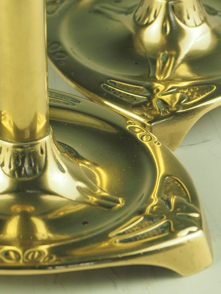 Art Nouveau Brass Candle Holders Stamped Geschutzt I Set of 2