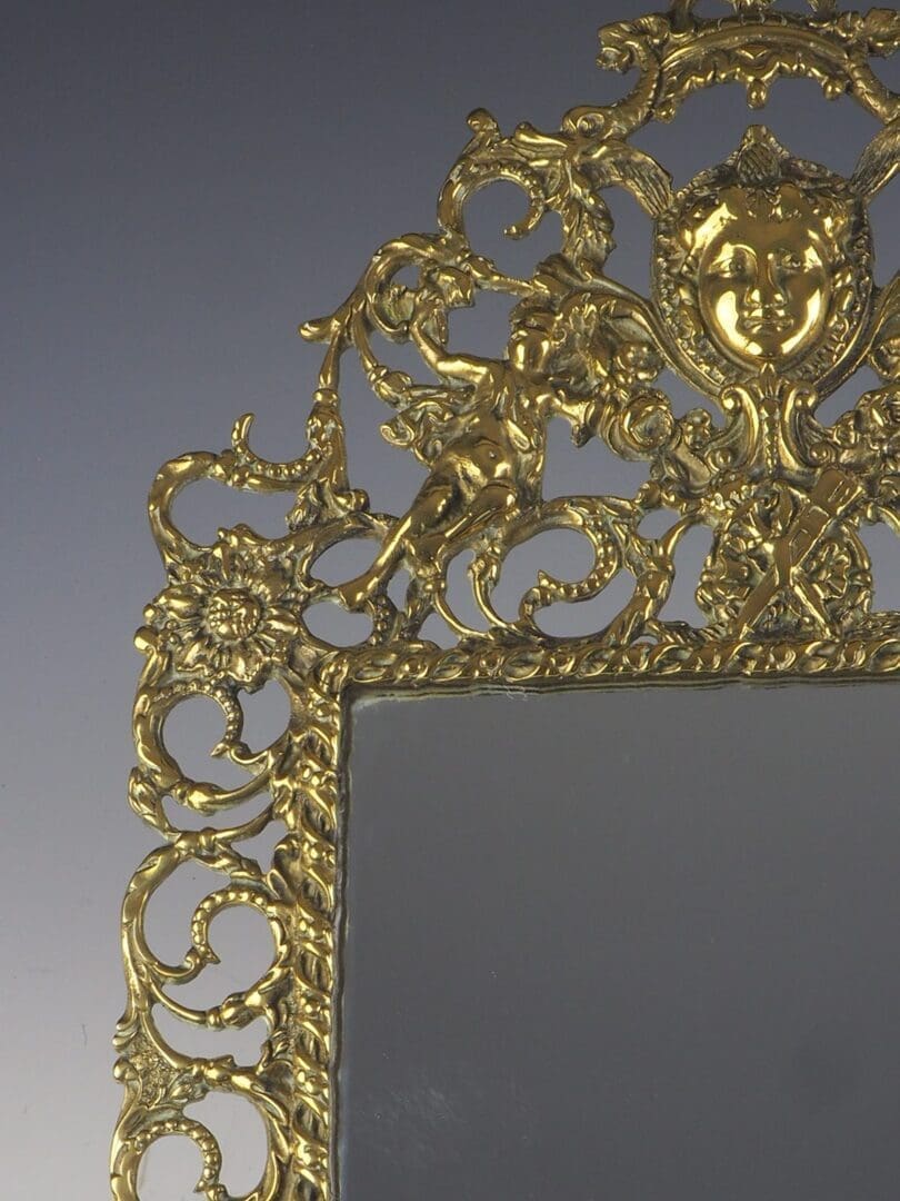 Antique English Victorian Cast Brass Mirror Ornately Framed, circa 1880