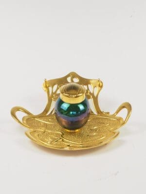 Antique Geschutzt Viennese Art Nouveau Bronze Inkwell with Art Glass
