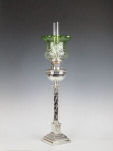Sterling Silver Corinthian Column Oil Lamp with Original Green Glass Shade