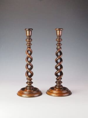 Antique Oak Barley Twist Candlesticks – Pair of Open Spiral Candle Holders