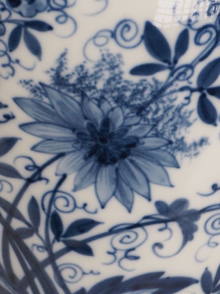 Antique Chinese Blue & White Porcelain Table Lamp, Bronze Base