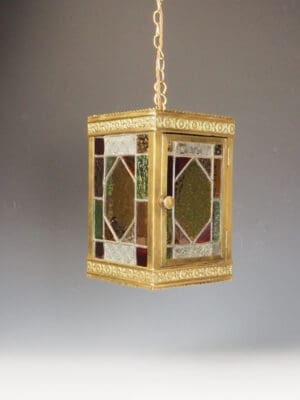 Original Antique Victorian Brass & Stained Glass Hall Lantern