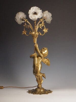 Antique French Gilt Bronze Cherub Table Lamp with Glass Roses – Circa Late 19th Century