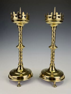 Antique Pair of 19th Century French Gothic Revival Brass Church Candlesticks