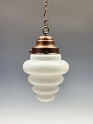 Superb Original Art Deco Pendant Light with Stepped Opaline Glass Shade and Bronze Gallery, c. 1930