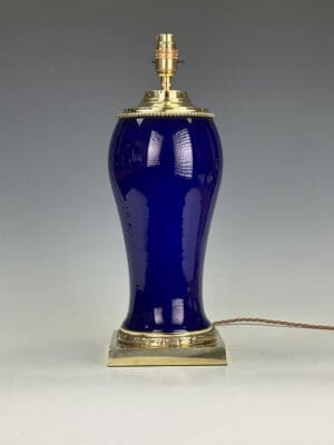 19th Century Colbot Ceramic Lamp (Converted from Oil Lamp) – Cobalt Blue & Gilded Brass