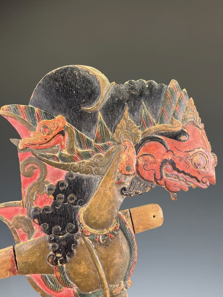 Pair of Antique Javanese Wayang Golek Shadow Puppets on Stands, Early 20th Century