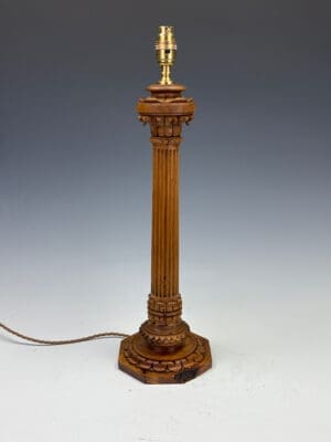 Antique Carved Oak Corinthian Column Table Lamp c.1920 – Neoclassical Revival Lighting