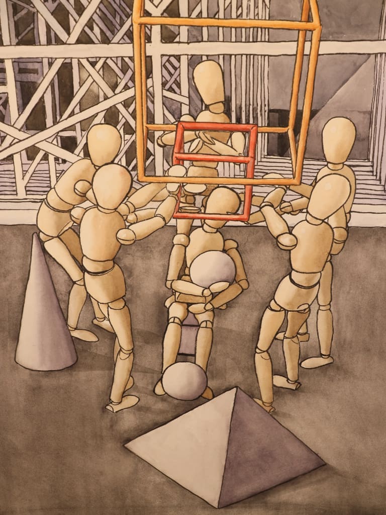 Derek Carruthers (1935&ndash;2021) &ndash; Construction Scene with Mannequin Figures &ndash; Original Watercolour, 1997