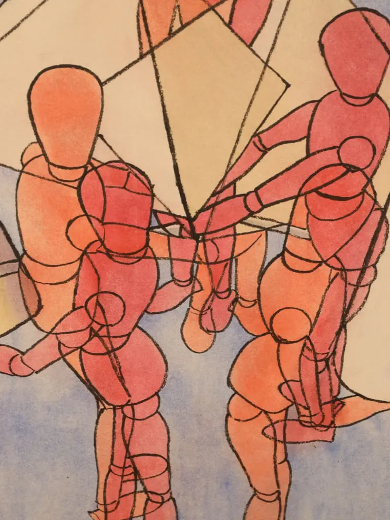 This significant watercolour, titled &lsquo;Similar But Not The Same&rsquo; and dated 1978, is a mature and intellectually resolved work by the British artist Derek Carruthers (1935&ndash;2021). Executed during one of the most thoughtful periods of the artist&rsquo;s career, the composition is populated by articulated mannequins, deliberately devoid of individual facial identity, yet animated through posture, gesture and interaction.