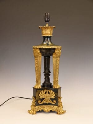 An Exceptional Regency Gilt-Bronze Oil Lamp, Architectural in Form and Richly Ornamented